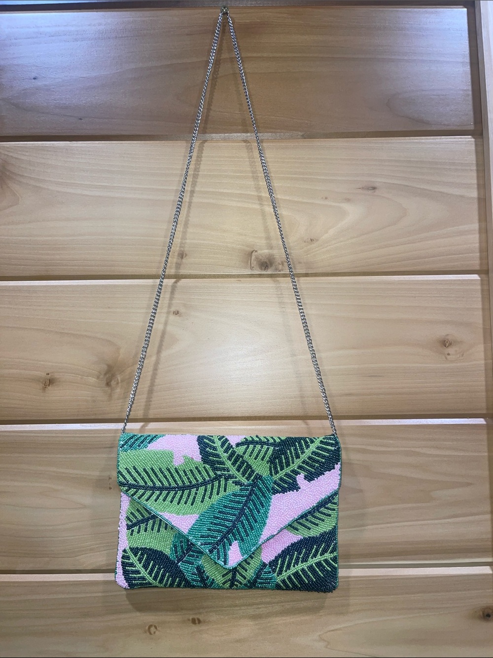 Tropical Leaf Beaded Envelope Clutch - Pink & Green